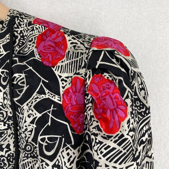 ST. GILLIAN Blazer 14 Silks Abstract Floral Faux Cami Button Front Black Red Vtg - Picture 5 of 16